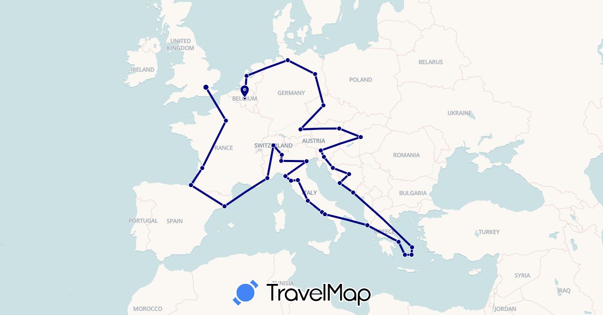 TravelMap itinerary: driving in Austria, Bosnia and Herzegovina, Belgium, Switzerland, Czech Republic, Germany, Spain, France, United Kingdom, Greece, Croatia, Hungary, Italy, Netherlands, Slovenia (Europe)
